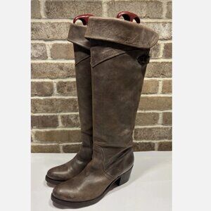 FRYE Jane Brown Distressed Leather Knee High Riding Boots Turn Down Cuff Size 8B